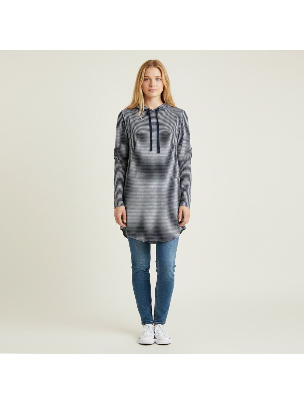 NoBo Hoodie Women L Large Blue Striped Hooded Long Sleeve Pullover Stretch